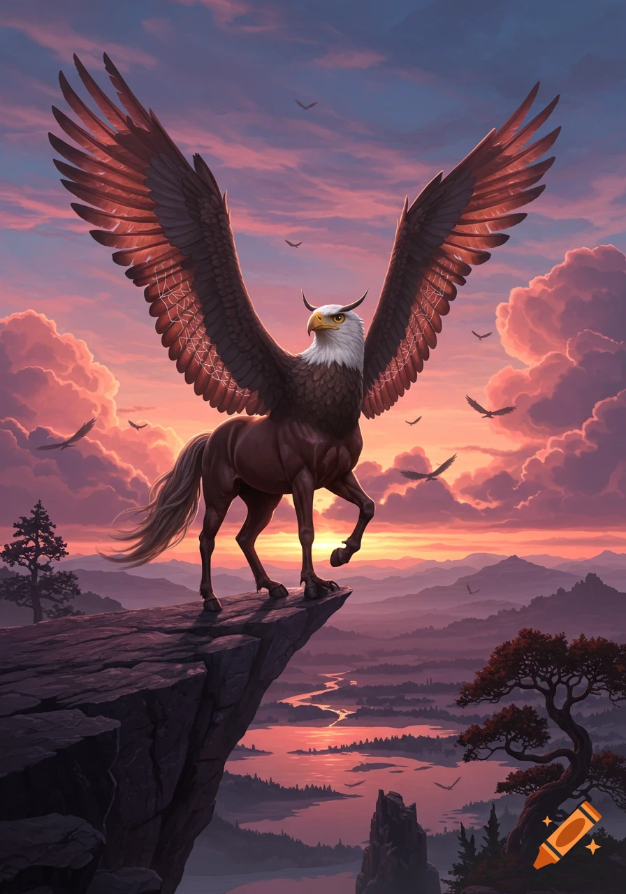A majestic griffin-like creature with an eagle's head and wings, and a horse's body, stands on a cliff overlooking a vibrant sunset landscape.