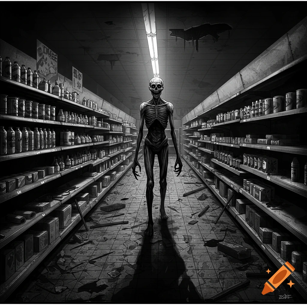 A skeletal ghoul stands in the middle of a dark, dilapidated supermarket aisle in a black and white Shadowrun-style illustration.