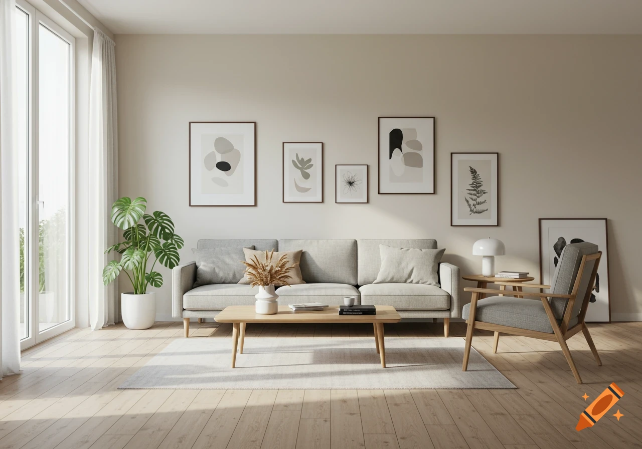 Photorealistic image of a minimalist Scandinavian living room with a gray sofa, wooden coffee table, and abstract wall art.