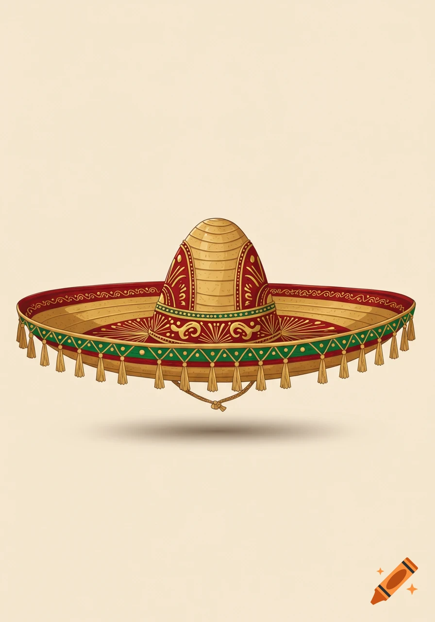 An illustration of a decorated Mexican sombrero with red, green, and gold patterns, gold tassels, and a rope chin strap on a plain background.