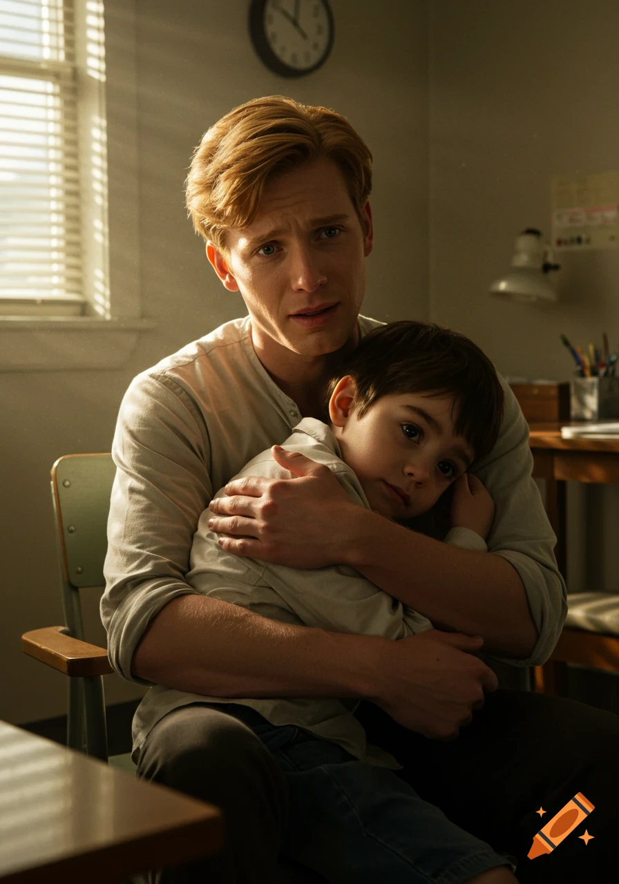 A man with reddish-blond hair holds a young boy with dark hair protectively, bathed in warm window light.