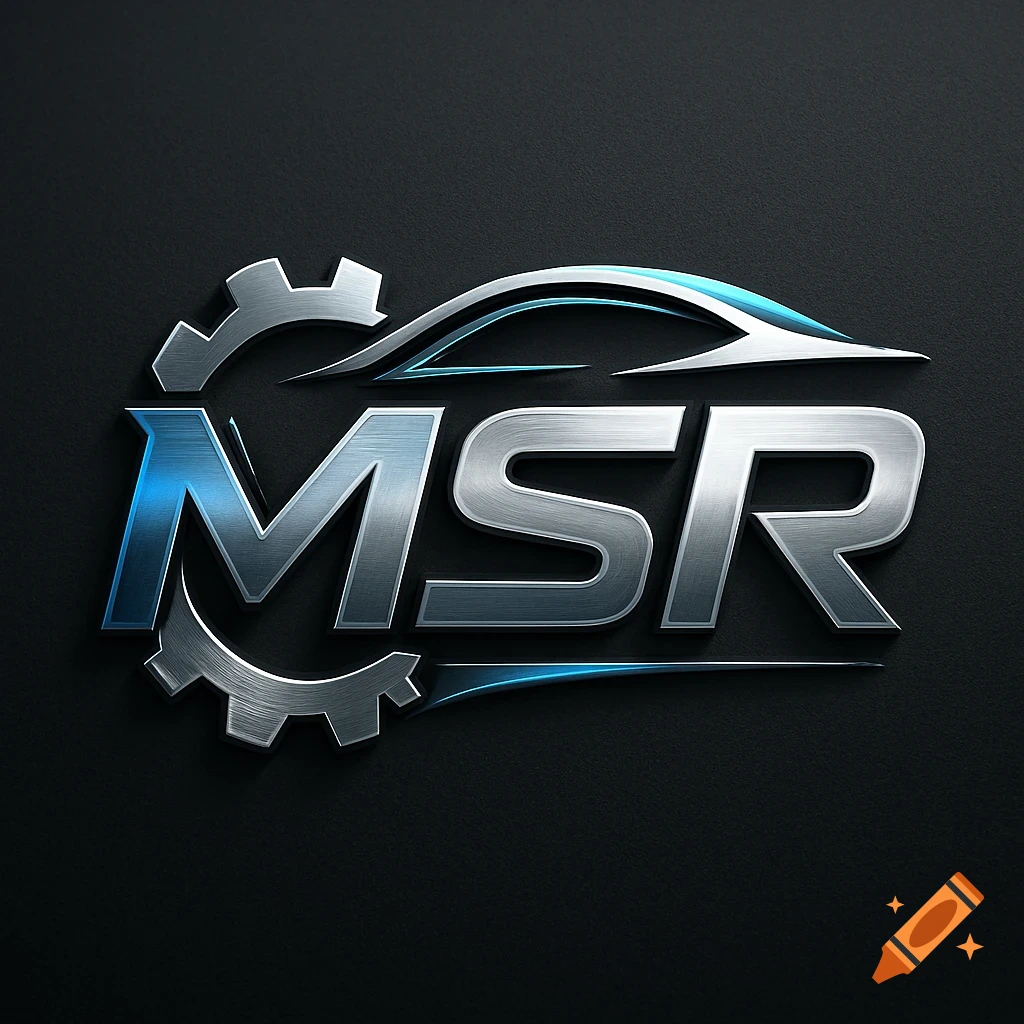Metallic MSR logo with a car silhouette and a gear design on a dark background.