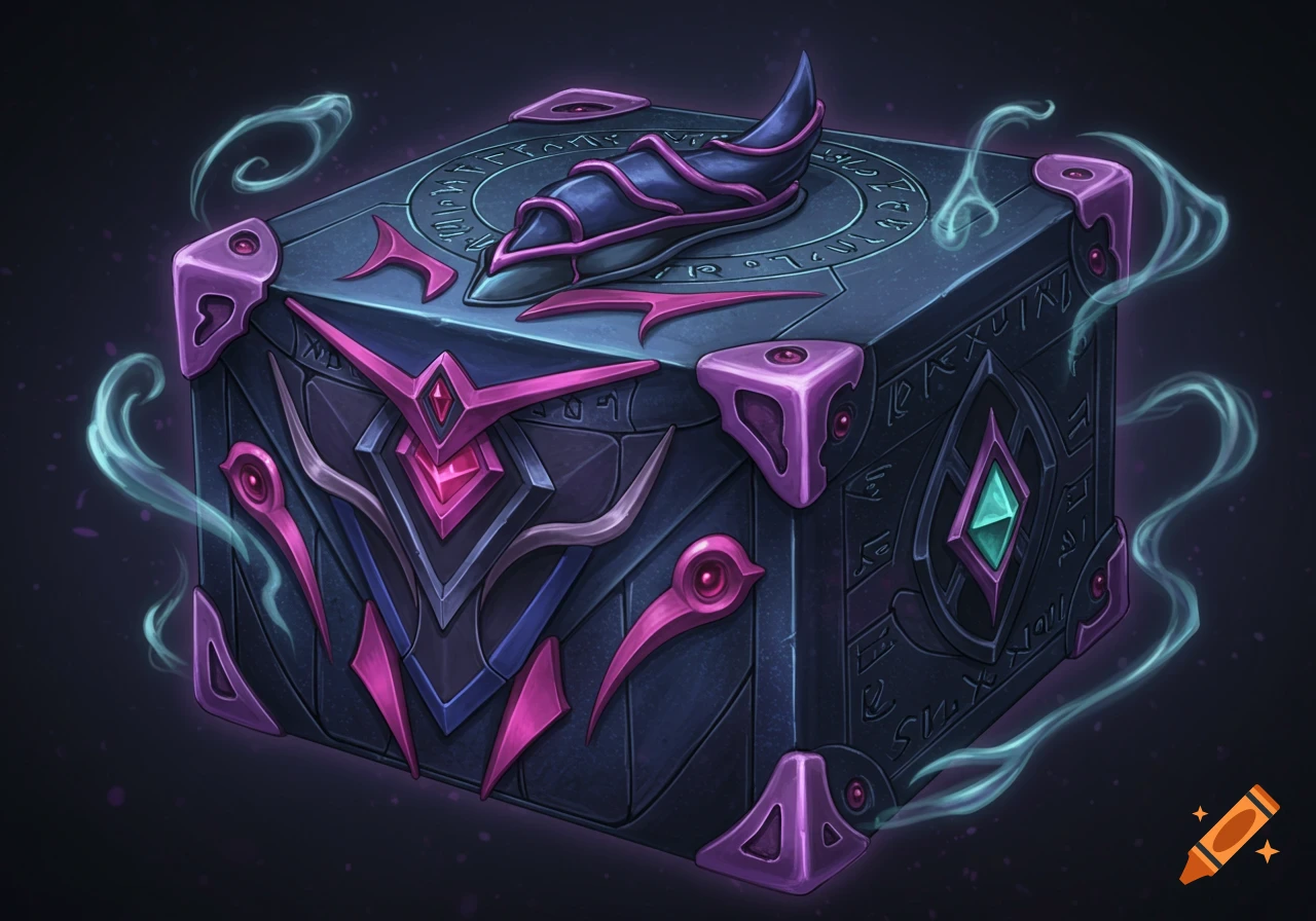 An ornate, dark fantasy deck box with purple and pink armor-like details, blue accents, and wisps of glowing mist around it.