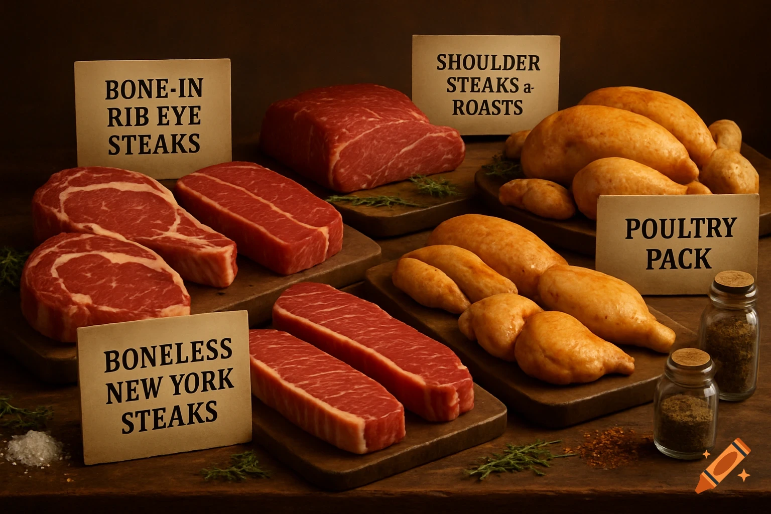 A photorealistic display of raw beef steaks, a large beef roast, and whole raw chickens, with various labels on a wooden surface.