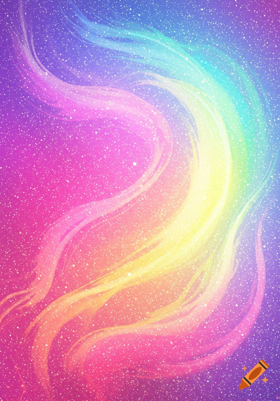 Abstract background with flowing rainbow color gradients and white glitter.