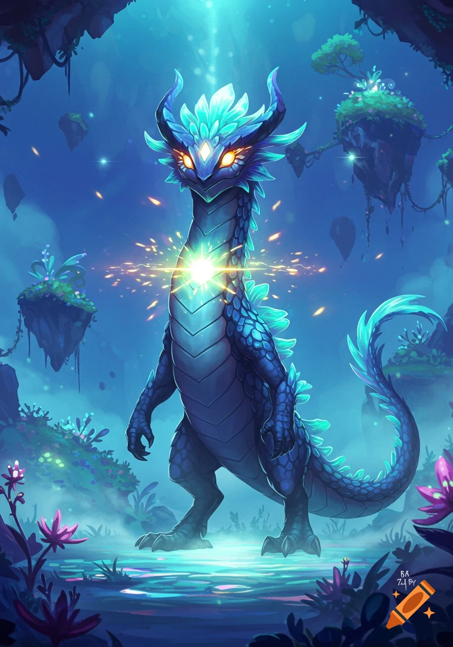A blue dragon-like creature with glowing eyes and crystal-like features stands in a misty fantasy forest with floating islands, light emanating from its chest.