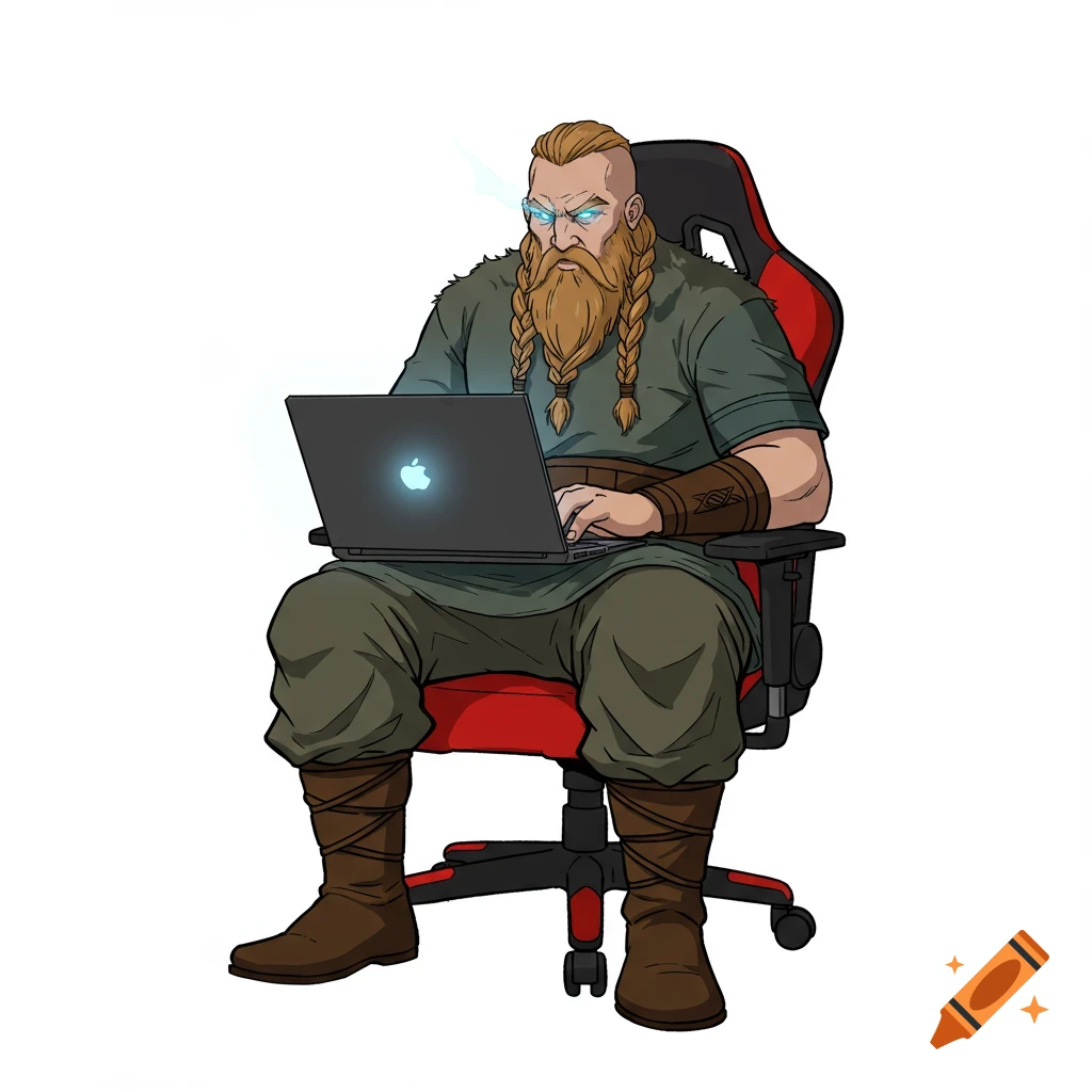 A cartoon Viking with braided beard and glowing eyes sits on a red gaming chair, typing on a laptop with a glowing apple logo.