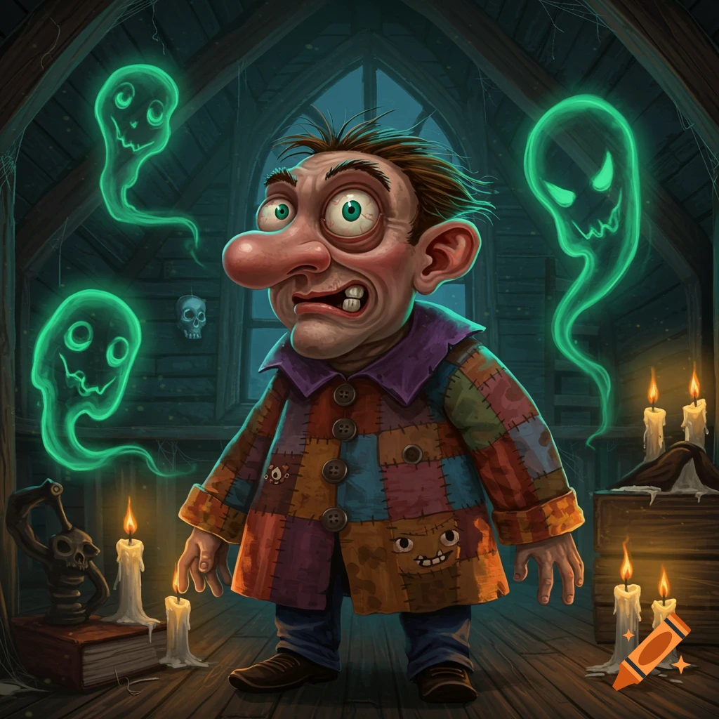 A cartoonish, wide-eyed man in a patchwork coat looks scared in a dark attic surrounded by glowing green ghosts, candles, and a skull.
