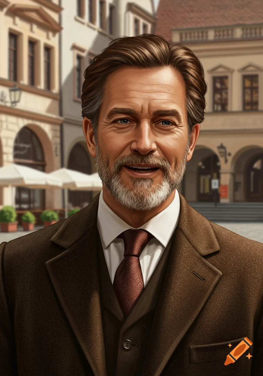 A detailed illustration of a smiling middle-aged man with a brown suit and graying beard in a European city square.
