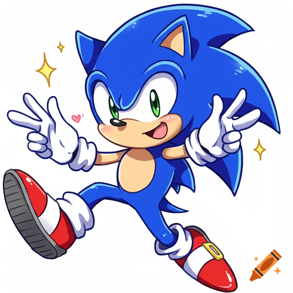Sonic the Hedgehog in a dynamic, cute Kawaii anime pose, flashing peace signs, on a white background.