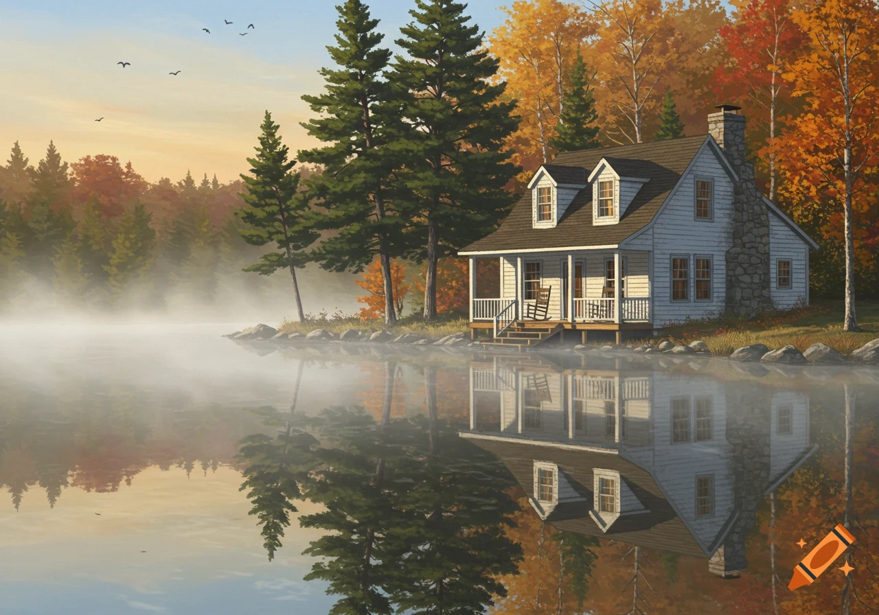 A picturesque white cabin by a misty lake, surrounded by vibrant autumn trees and tall pines under a clear sky.