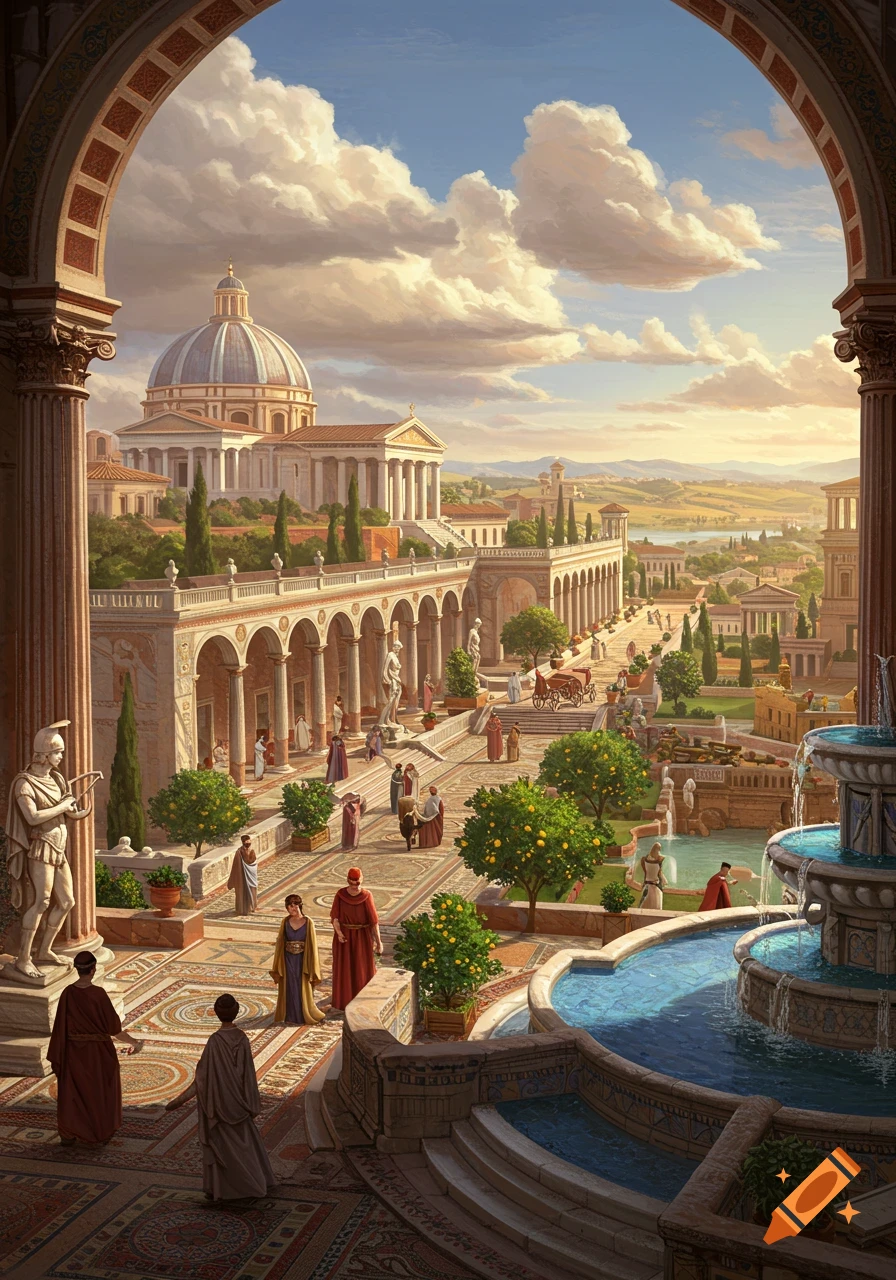 A grand ancient Roman city complex, seen through an archway, with detailed architecture, people, fountains, and a domed building.