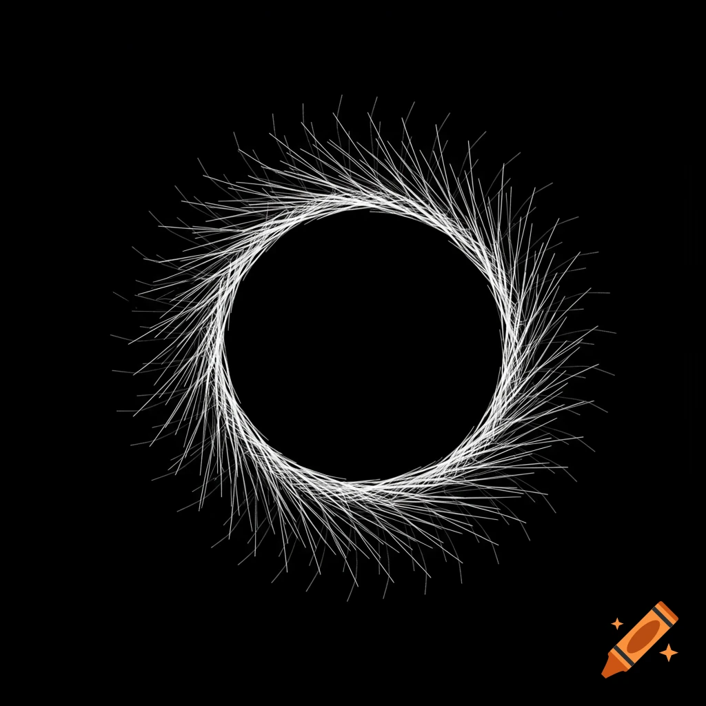 Abstract black and white digital art featuring a central black circle surrounded by a white ring of radiating lines.