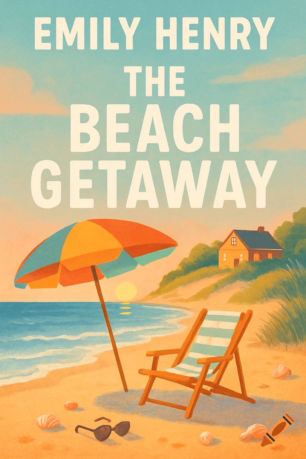 Illustration of a beach scene at sunset with a beach umbrella, chair, sunglasses, and a house on a dune. Text reads 'EMILY HENRY THE BEACH GETAWAY'.