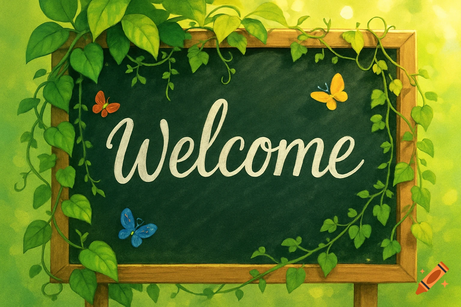 A chalkboard with 'Welcome' in white script, surrounded by green vines and leaves, with three colorful butterflies. Illustration style.