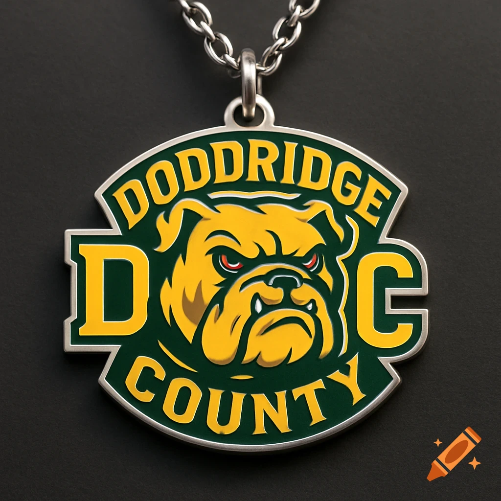 Silver necklace charm with a green and yellow Doddridge County angry bulldog logo, featuring the initials D and C.