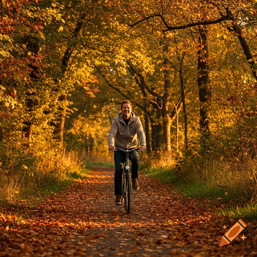 A happy man rides a bicycle down a leaf-covered path lined with trees in autumn.