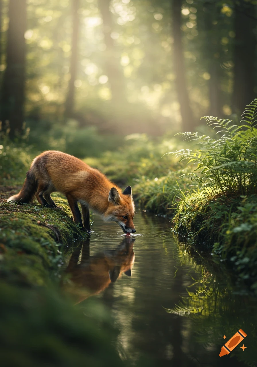 Photorealistic red fox drinks water from a mossy stream in a sun-dappled forest.