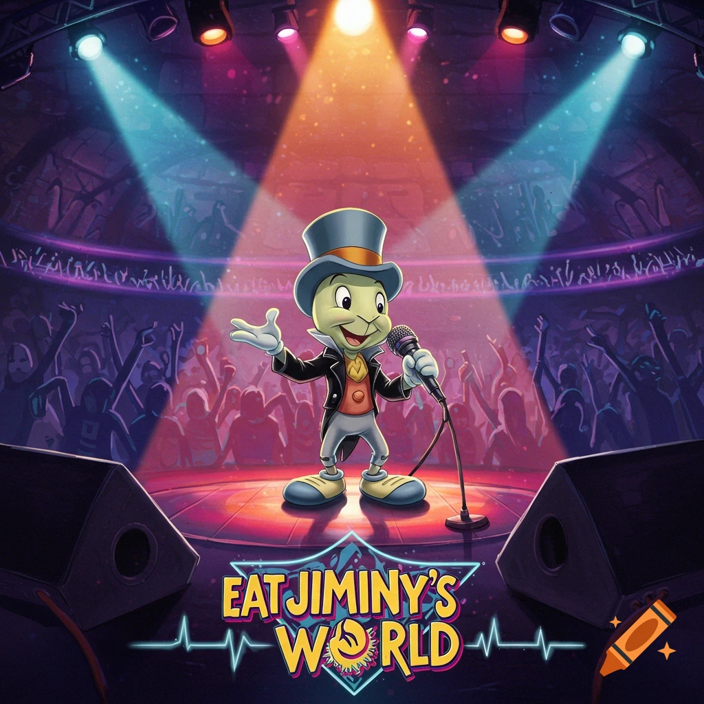 Jiminy Cricket, dressed in a tuxedo and top hat, sings into a microphone on a stage with vibrant spotlights and a cheering crowd, with 'EAT JIMINY'S WORLD' written below.