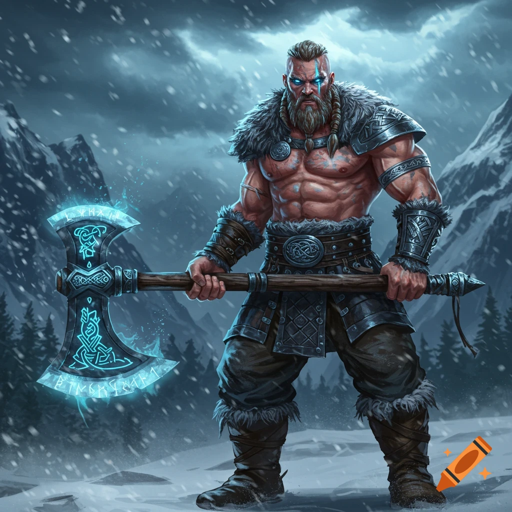 Muscular bearded warrior with glowing blue eyes, wearing fur and armor, stands in a snowy mountain landscape, holding a large, glowing runic axe.