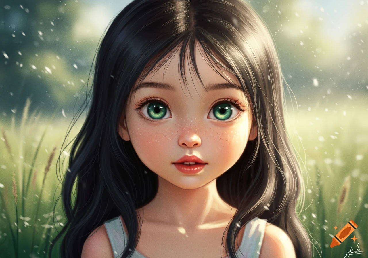 Stylized digital art portrait of a young girl with long black hair, bright green eyes, and freckles, in a sparkling green field.