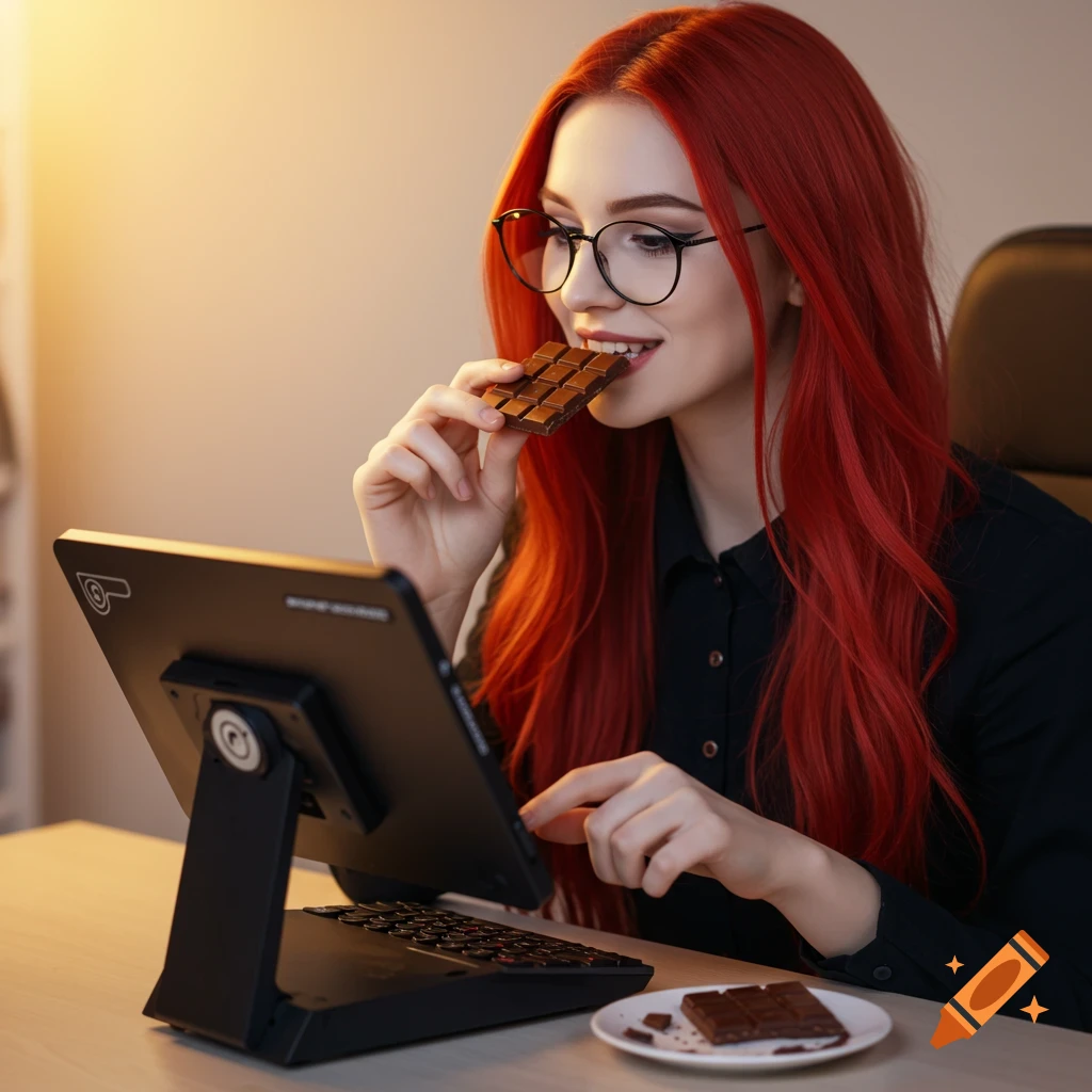 A pale girl with vibrant red hair and glasses smiles while eating chocolate and interacting with a tablet-like device, illuminated by warm light.