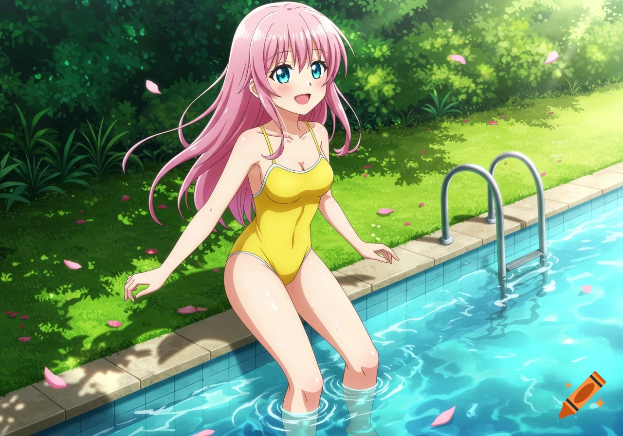 Anime girl with pink hair and blue eyes in a yellow swimsuit stepping into a pool with green foliage.