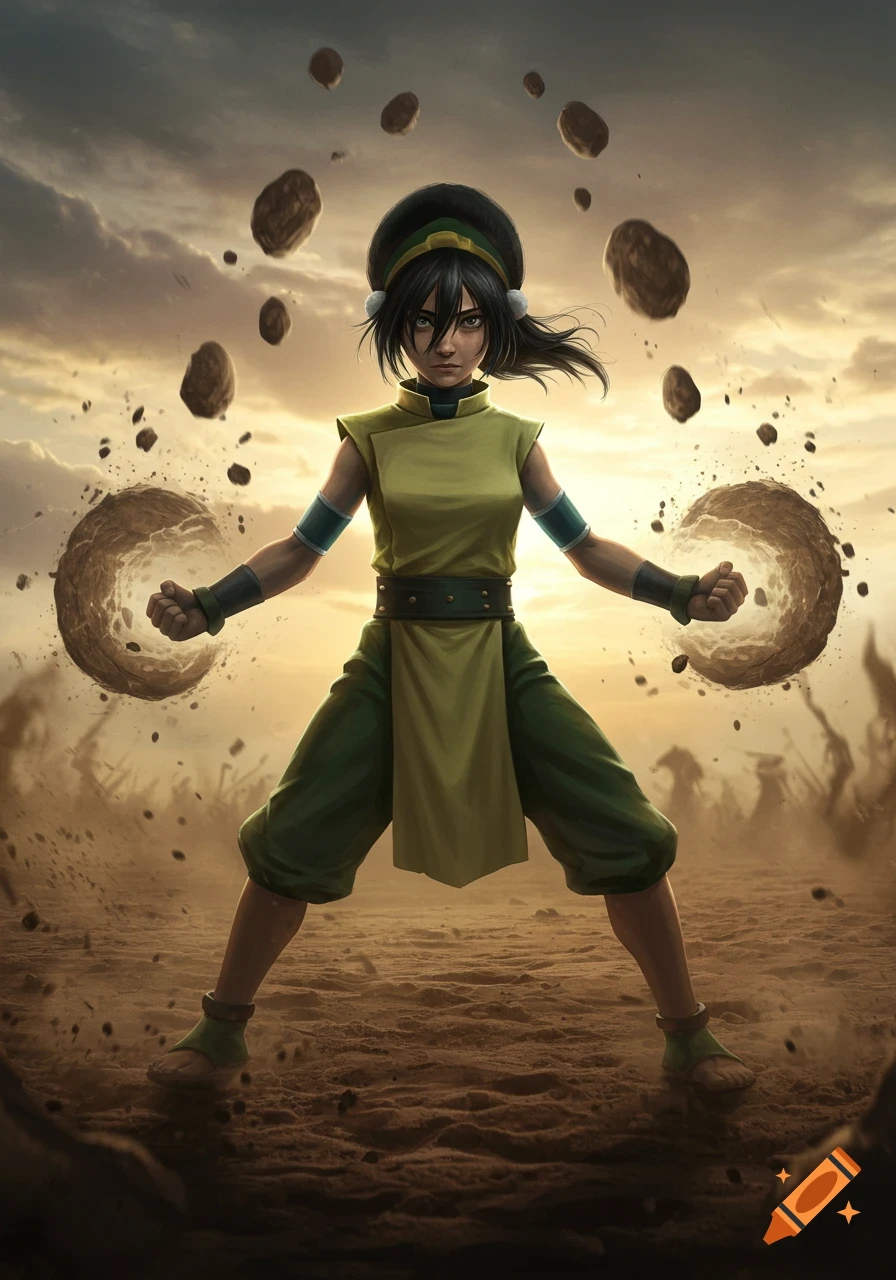 Toph Beifong in a powerful earthbending stance, surrounded by floating rocks in a desolate landscape under a dramatic sky.