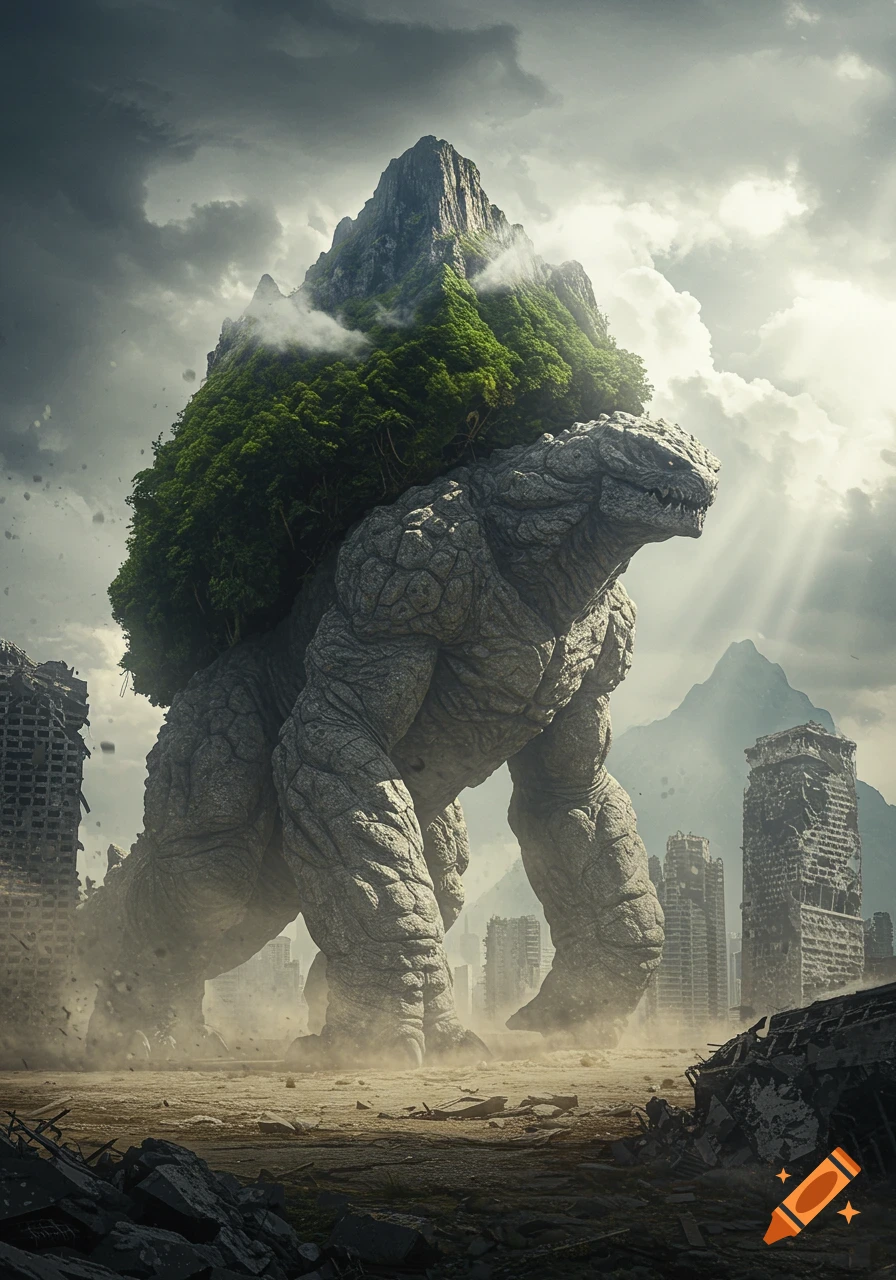 A gigantic grey kaiju with a lush green mountain on its back strides through a ruined city under a stormy sky.