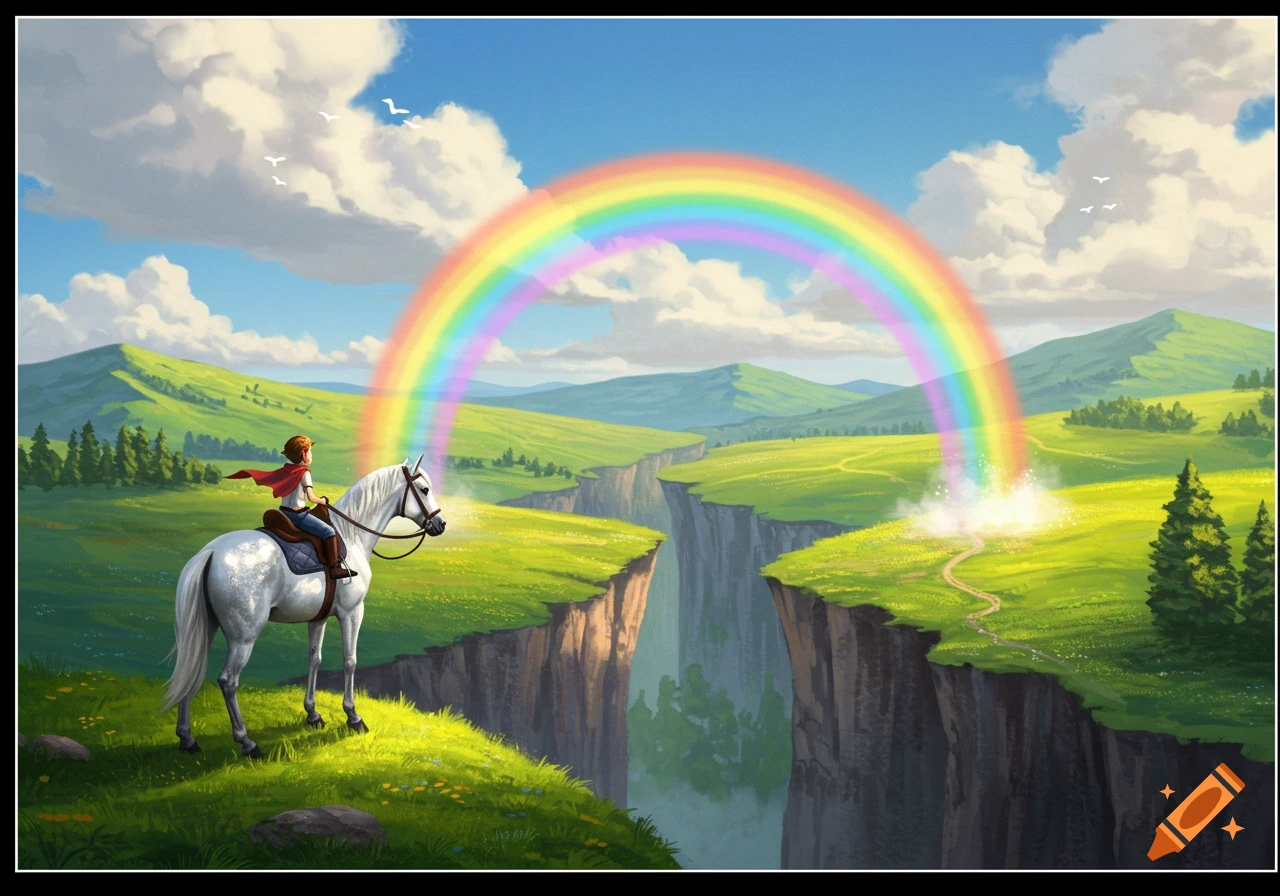 A young rider on a white horse views a rainbow forming a bridge over a ravine to a distant green landscape; illustrative style.