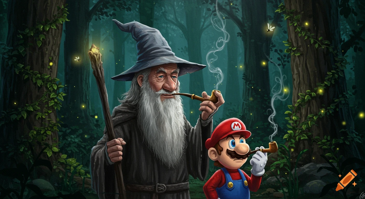 Gandalf and Super Mario smoking pipes in a dark, magical forest with glowing fireflies in a detailed illustration style.