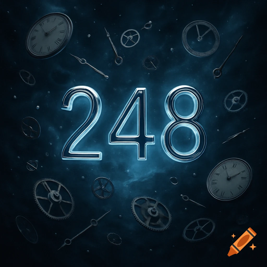 Glowing metallic numbers 248 surrounded by clock gears and faces on a dark, blue-tinged background.