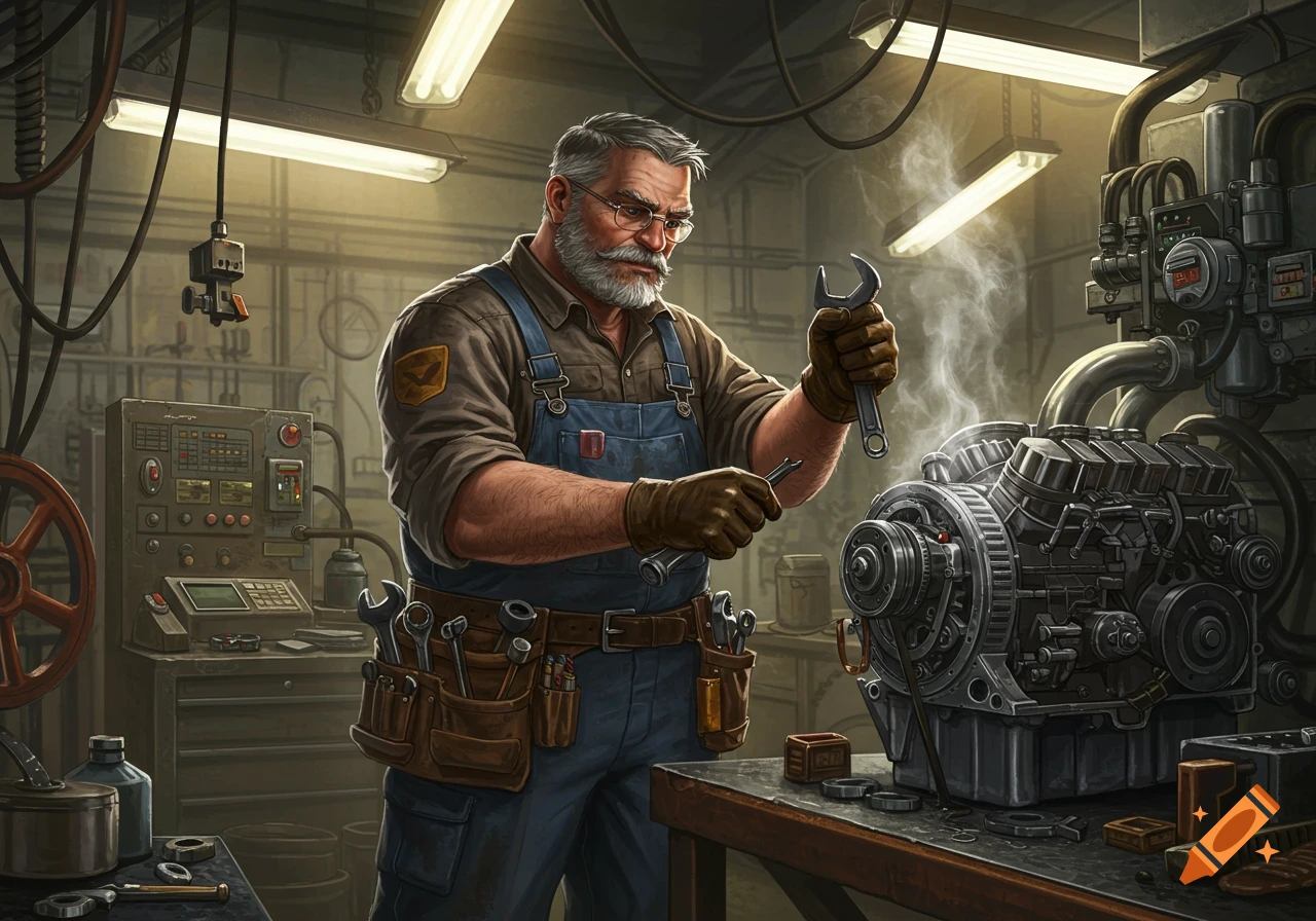 A gray-bearded mechanic in overalls and gloves works on a large engine in a detailed, dimly lit workshop, holding wrenches.