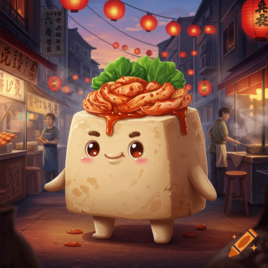 A cute, cartoonish tofu character with kimchi on its head stands in a vibrant Asian night market with red lanterns.