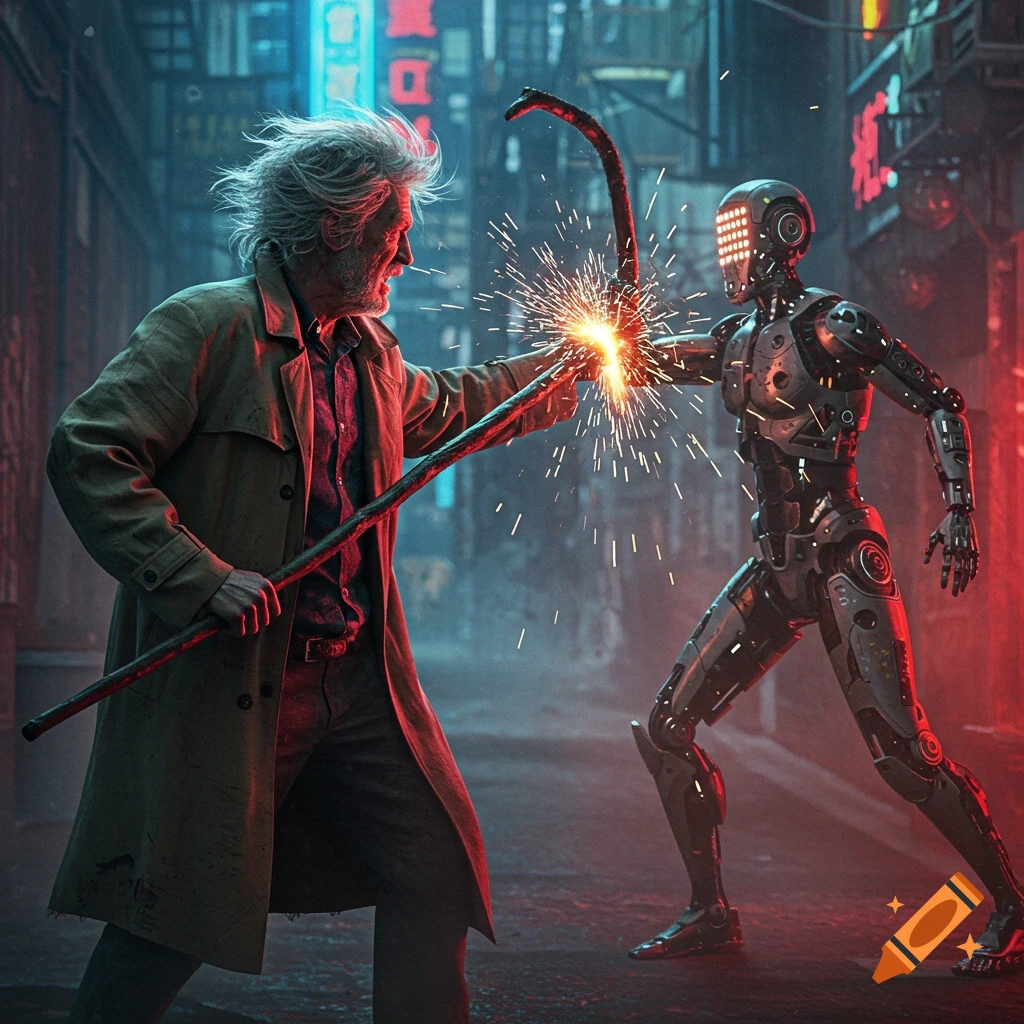 An old man with a cane fights a robot, creating sparks in a neon-lit, futuristic city alley. Photorealistic style.