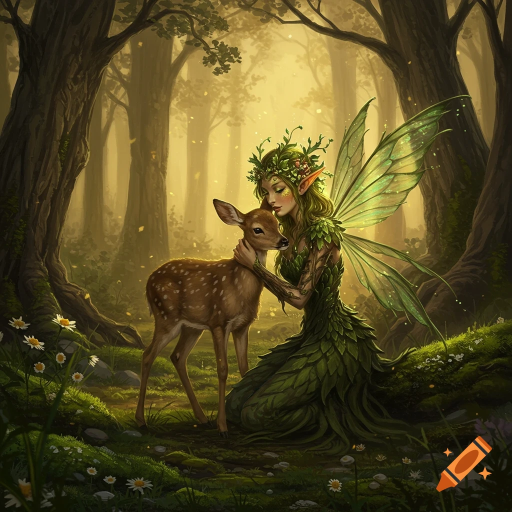 A beautiful fairy with green leafy attire and translucent wings kneels to hug a spotted fawn in a magical, sun-dappled forest.