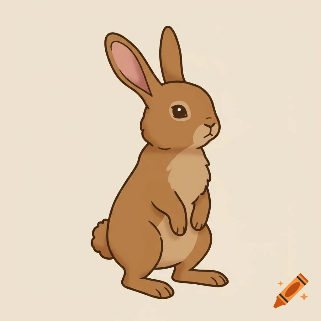 A brown cartoon rabbit with long upright ears stands on its hind legs against a plain background.