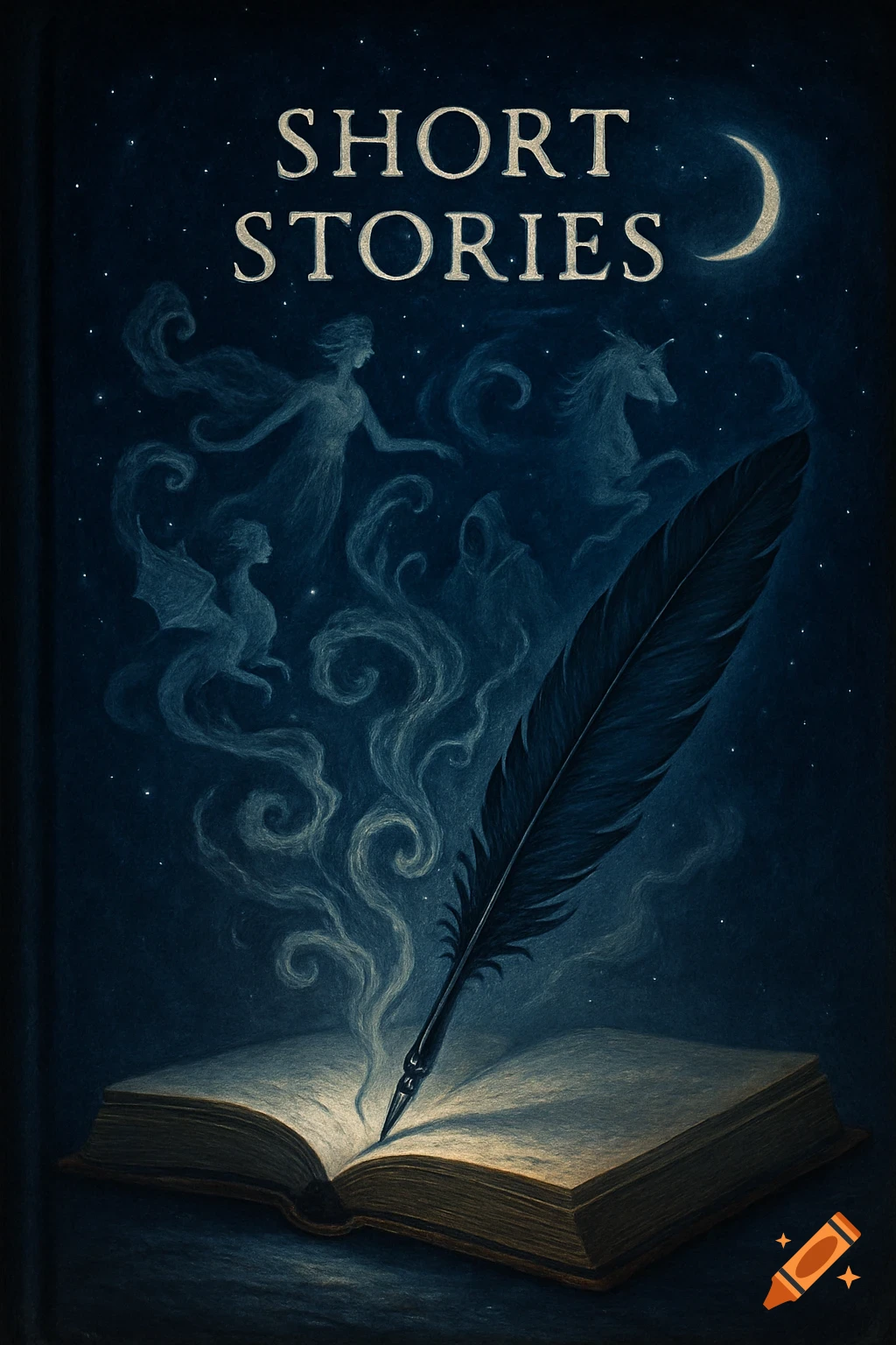 Dark blue book cover with 'SHORT STORIES' title, a crescent moon, and ethereal fantasy creatures emerging from an open book being written by a quill, in an illustrative style.