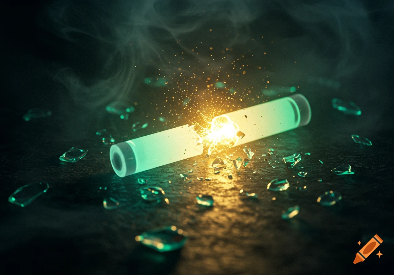A glowing light-green tube breaks in the middle, emitting bright yellow sparks, smoke, and shattered pieces on a dark surface.