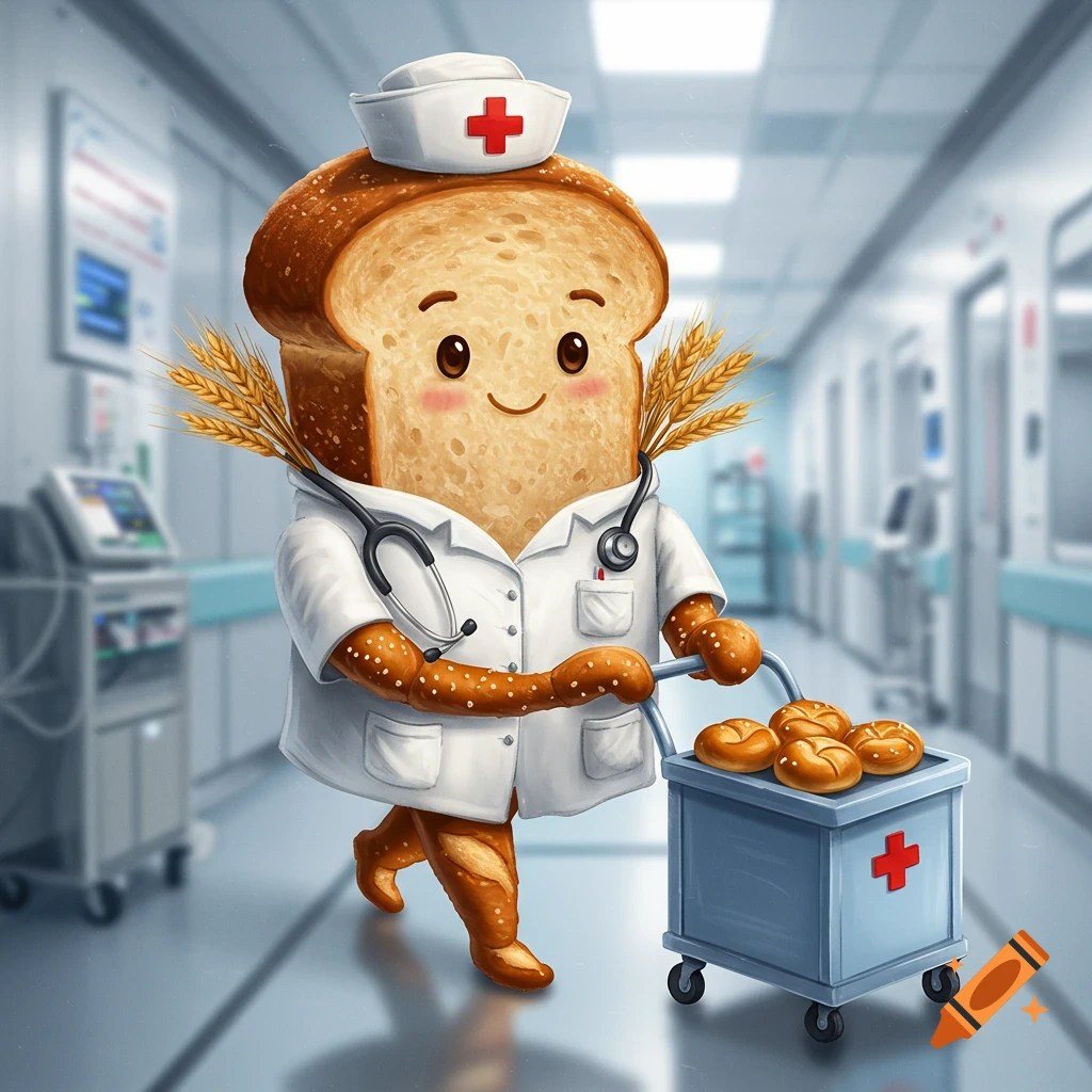 A cute, cartoonish slice of bread dressed as a nurse, with pretzel arms and baguette legs, pushes a medical cart with bread rolls down a hospital hallway. Wheat stalks are on its shoulders.