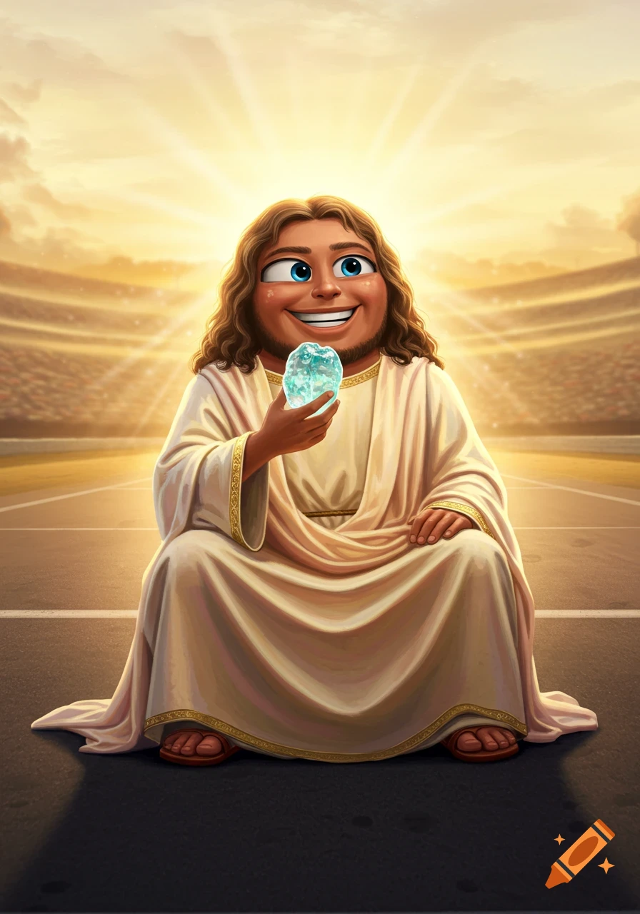 A cheerful cartoon Jesus-like figure in a white robe sits in a stadium at sunset, holding a glowing blue crystal.