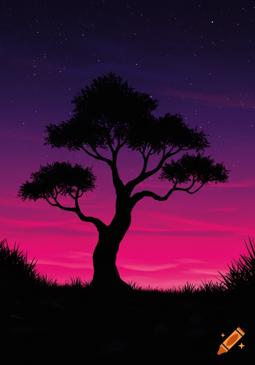 Black tree silhouette against a vibrant purple and pink starry sky with dark grass.