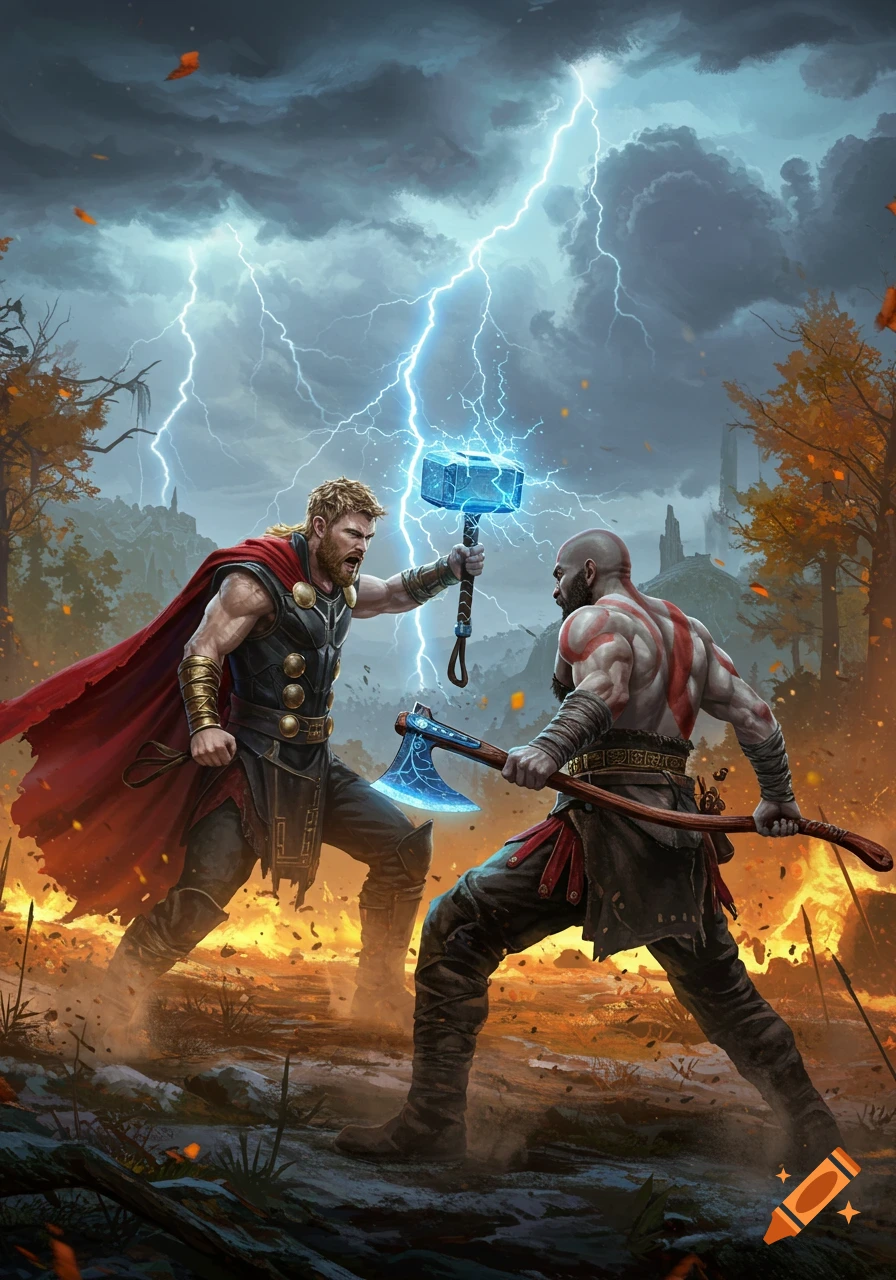 Thor wielding Mjolnir and Kratos with his Leviathan Axe battle under a lightning-filled sky with fiery ground and autumn trees in a detailed illustration.
