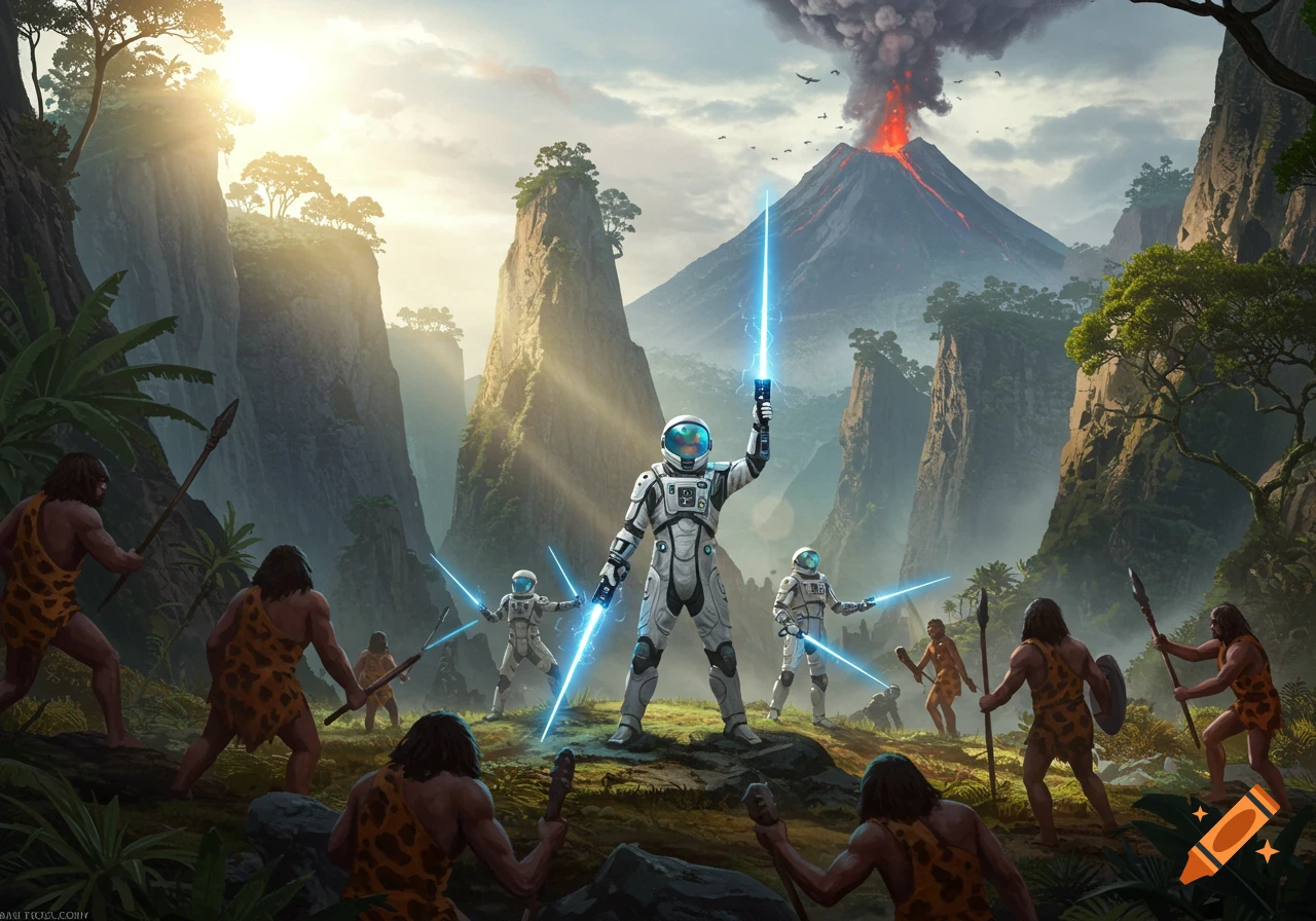 Astronauts with laser swords face off against spear-wielding cavemen in a volcanic prehistoric jungle with towering cliffs.