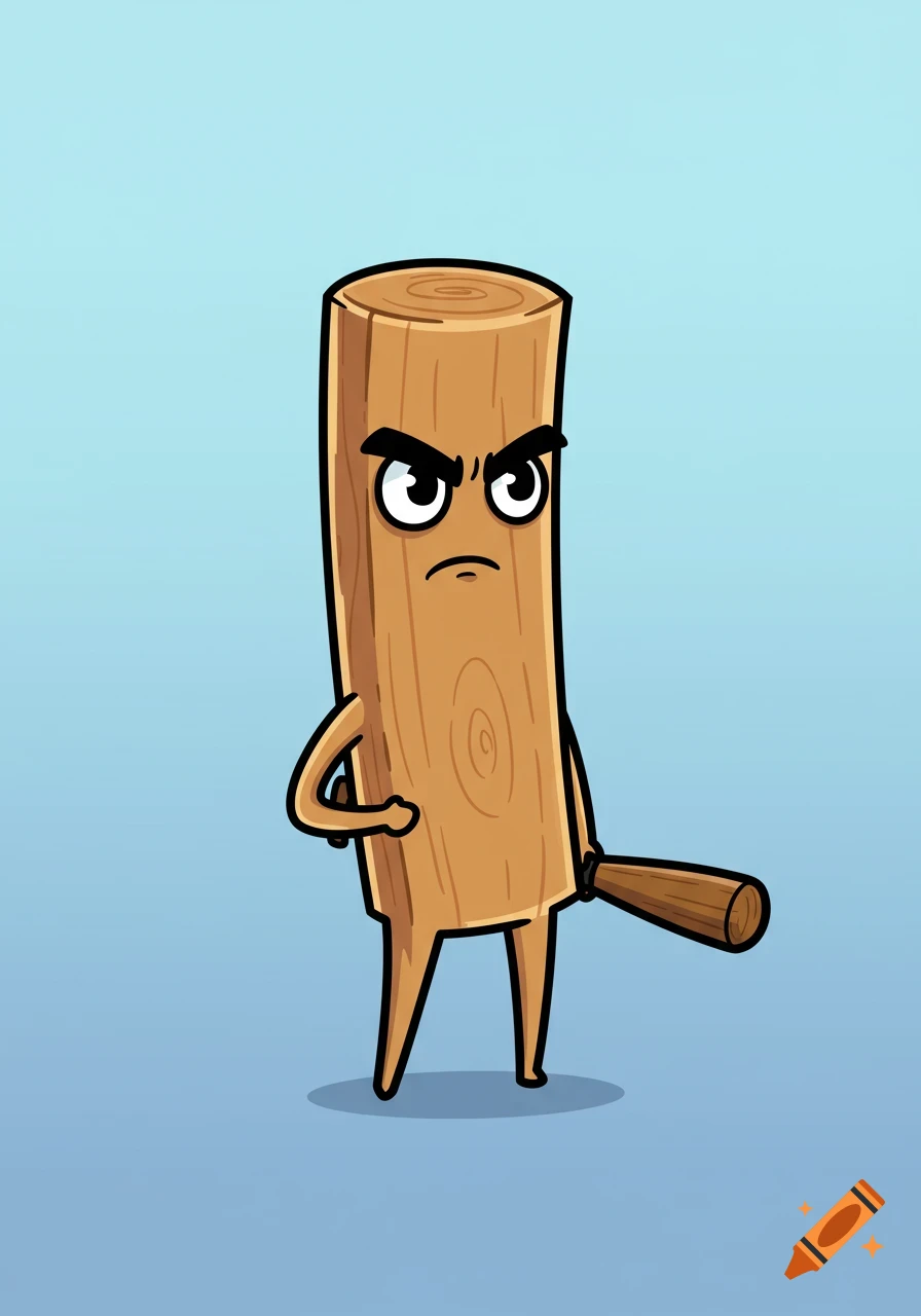 A cartoon anthropomorphic wooden log with an angry face holds a baseball bat against a light blue background.