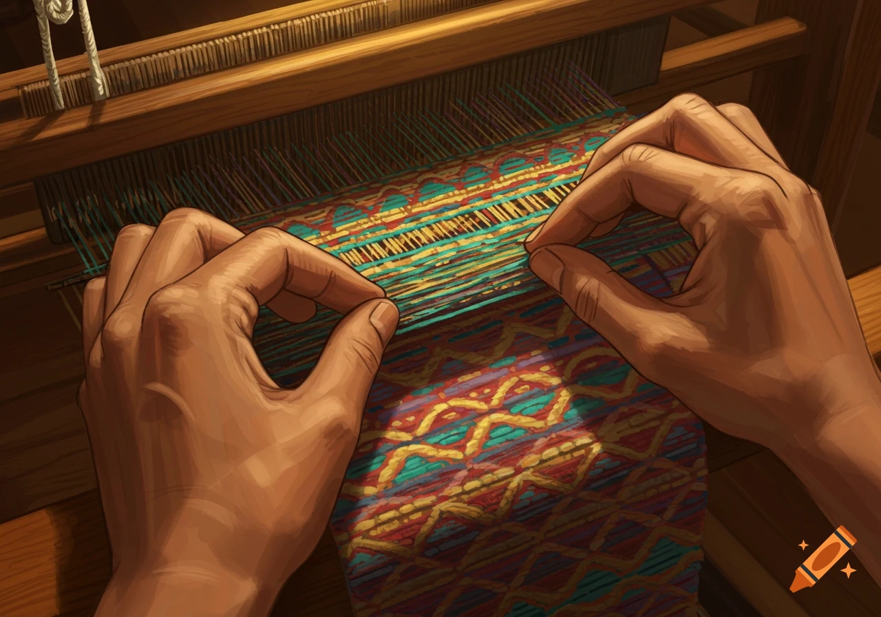 Close-up drawing of hands weaving colorful threads on a wooden loom.