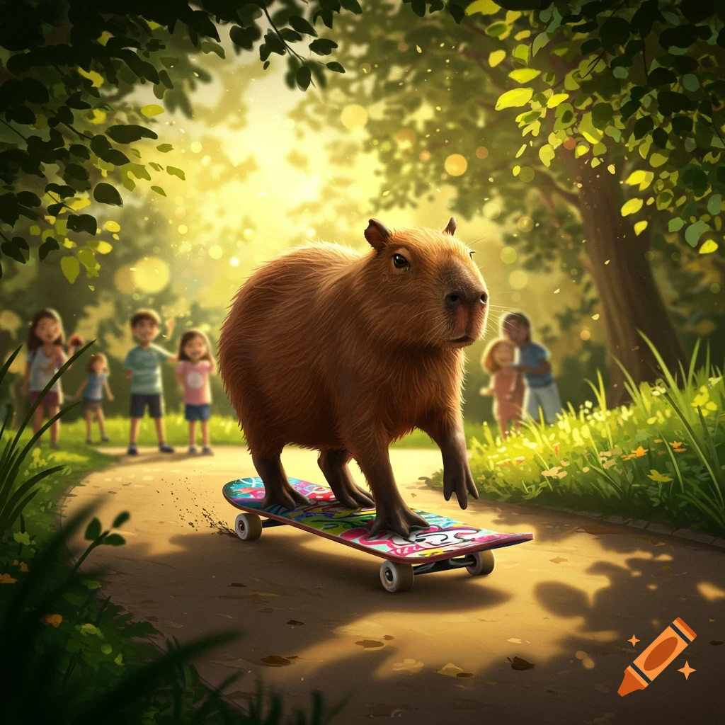 A large capybara rides a colorful skateboard down a sunny park path, with blurry children watching in the background.