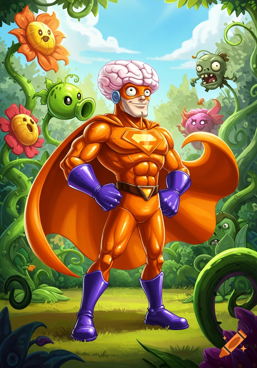 Cartoon Super Brainz from Plants vs Zombies in an orange superhero suit with a brain head, standing in a vibrant jungle.