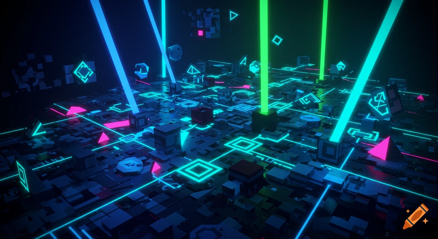 A dark, abstract digital landscape with glowing blue, green, and pink geometric shapes and lines forming a circuit-like pattern.