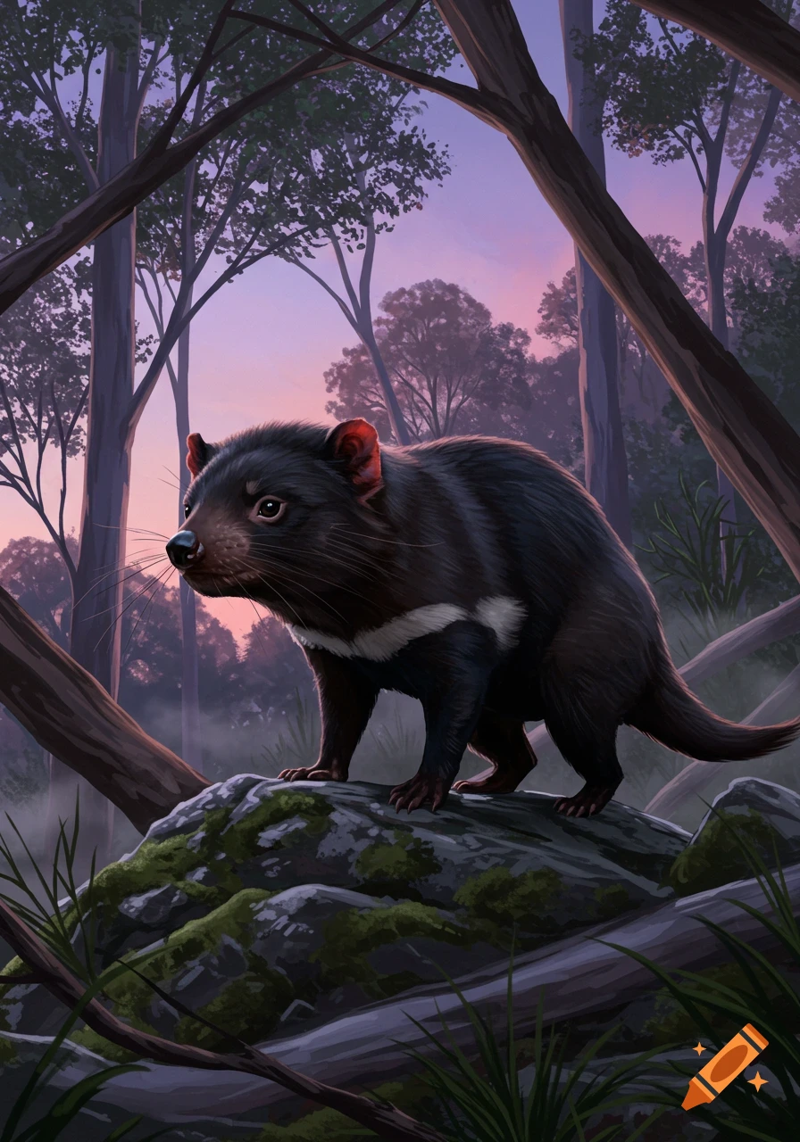 A detailed illustration of a Tasmanian devil standing on a mossy rock in a forest at dusk, looking to the left.